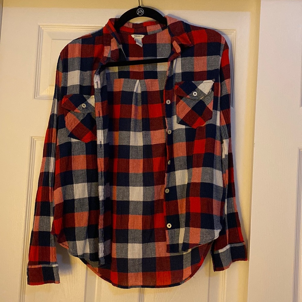 Lightweight red, white, and navy button-up shirt